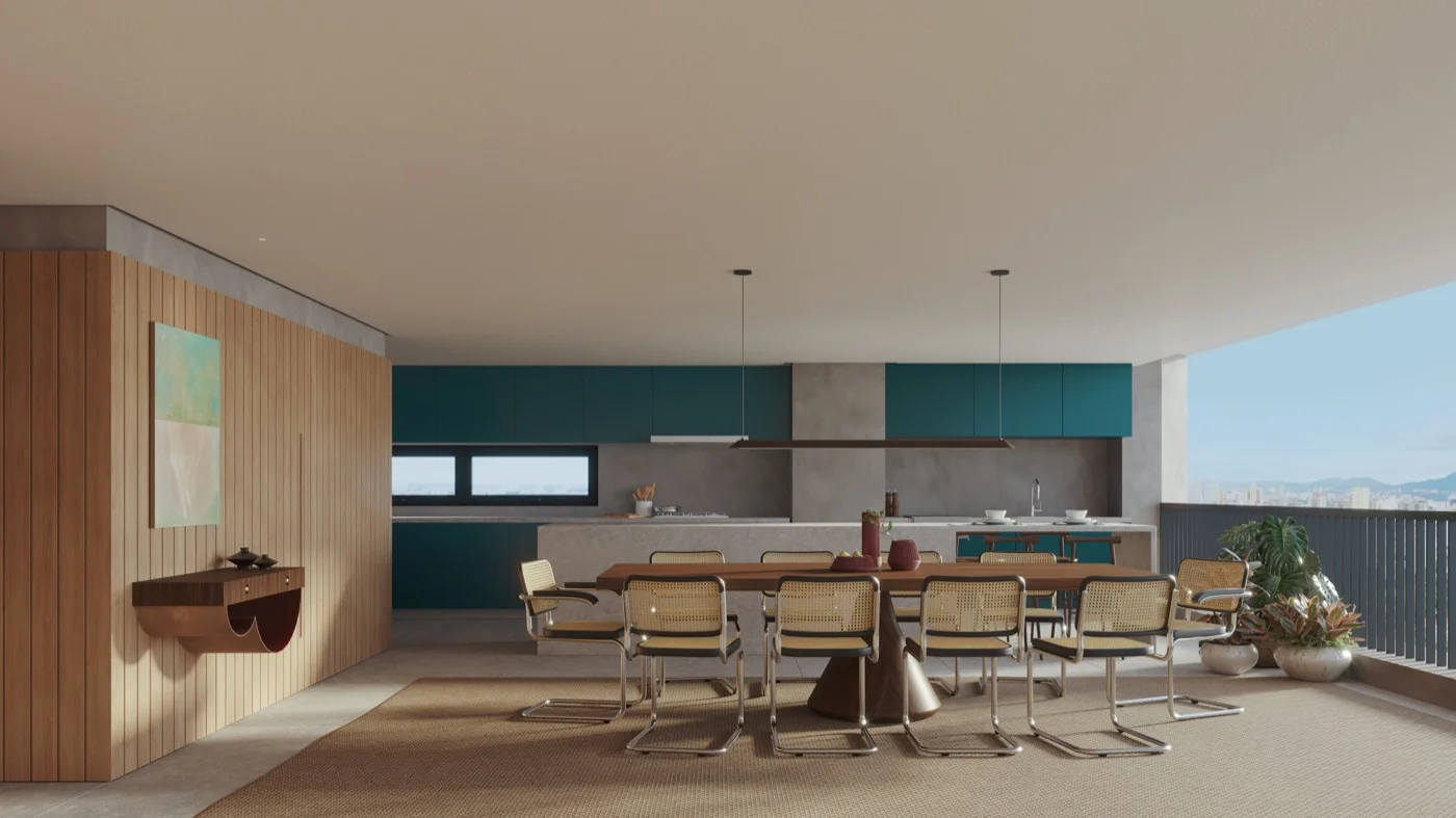 Sala de jantar e cozinha integradas